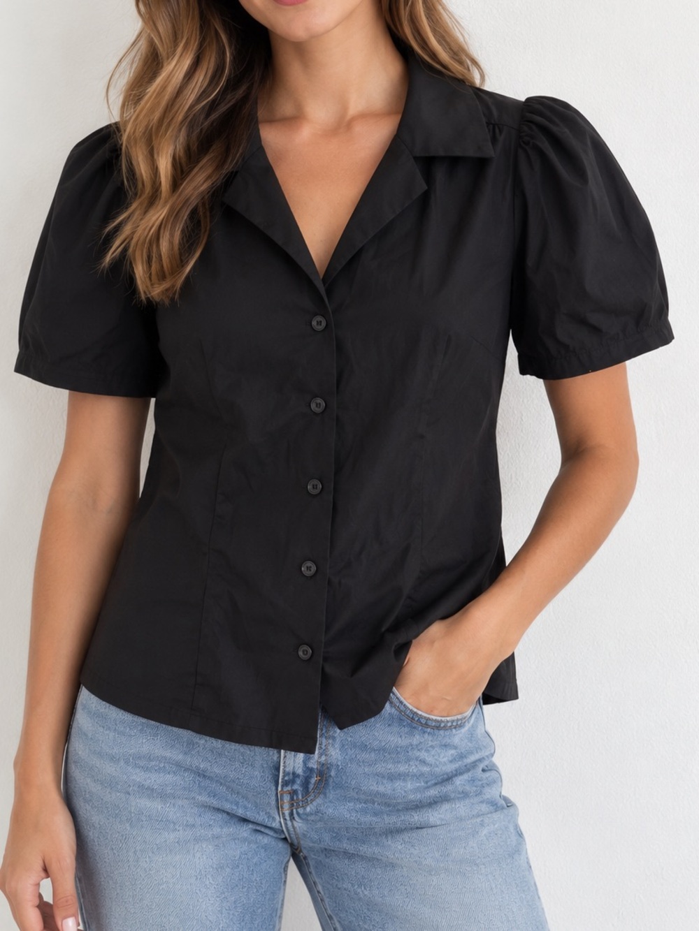Unique Vintage Black Cotton Puff Sleeve Button Front Shirt Medium